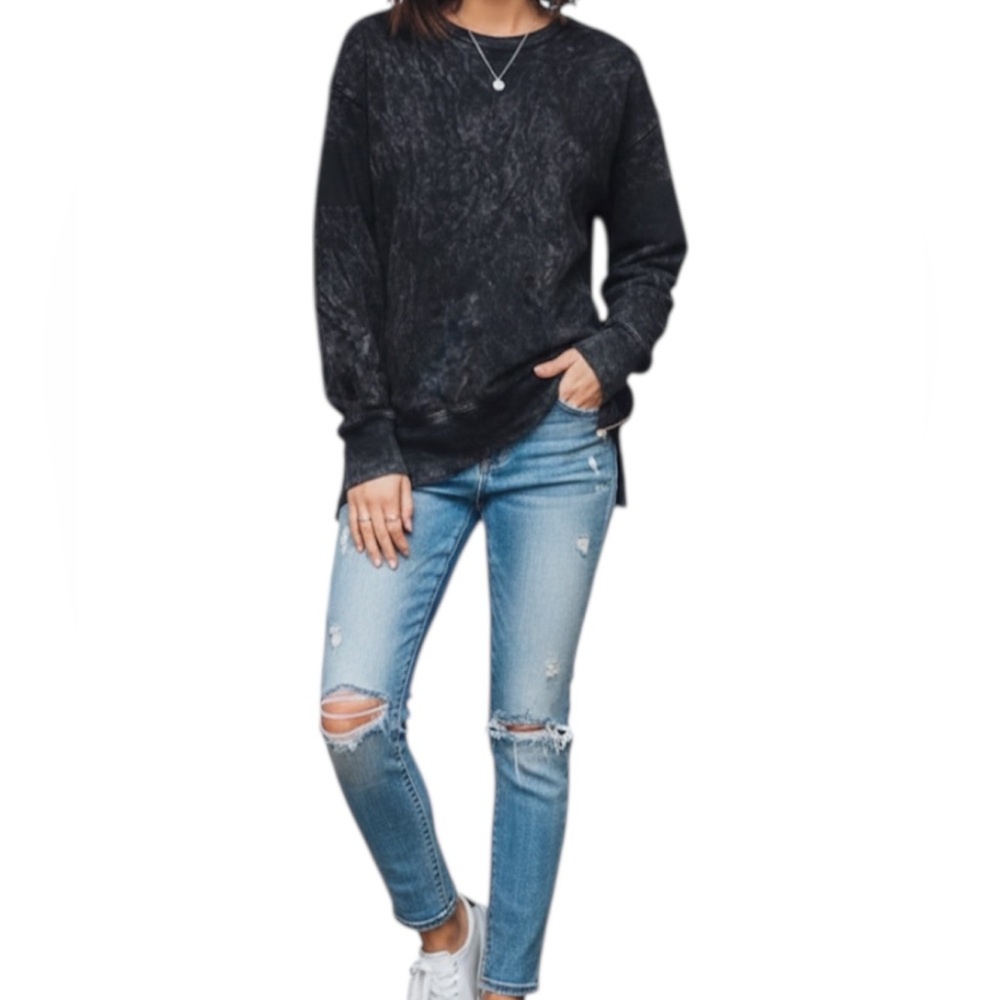 Sundry Black Acid Wash Long Sleeve Crew Neck Sweatshirt With Zippers Size 2